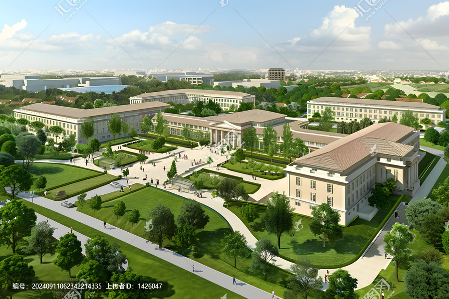 現(xiàn)代化大學(xué)校園空中鳥瞰圖，綠地與建筑相映成趣