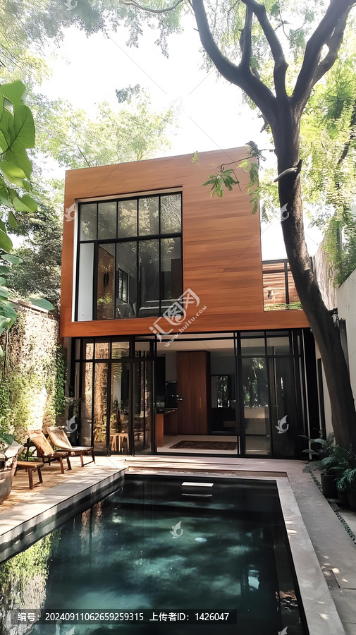 現(xiàn)代極簡主義住宅，帶游泳池和綠意盎然的景觀