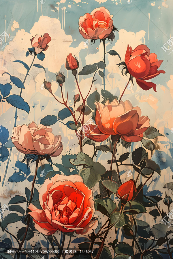 復(fù)古藍(lán)色背景粉紅色玫瑰花