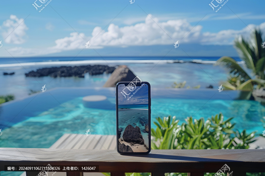 手機(jī)上顯示的熱帶海灘景觀