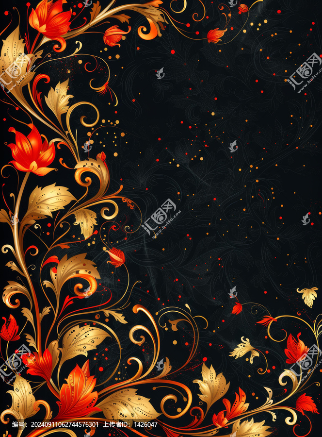 黑色背景上的紅色和金色花卉裝飾