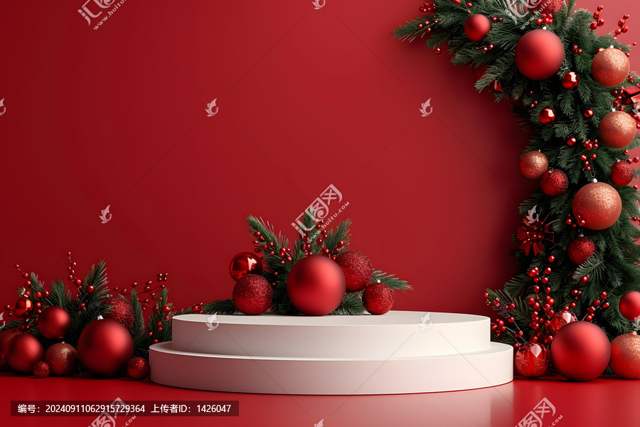 紅色圣誕節(jié)背景白色圓形平臺