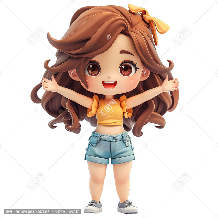 [免摳素材]可愛(ài)的小女孩，棕色頭發(fā)和棕色眼睛，穿著黃色上衣和藍(lán)色短褲