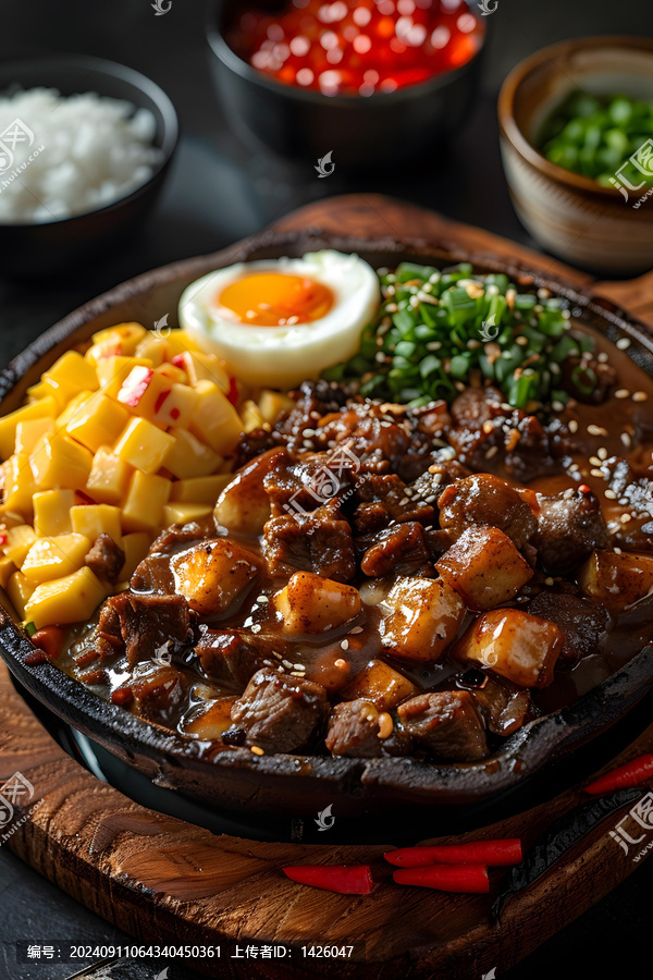 鐵板牛肉配蒜蓉醬和配菜