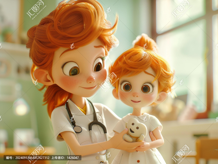 一位女醫(yī)生正在和一個小女孩談?wù)撍难例X