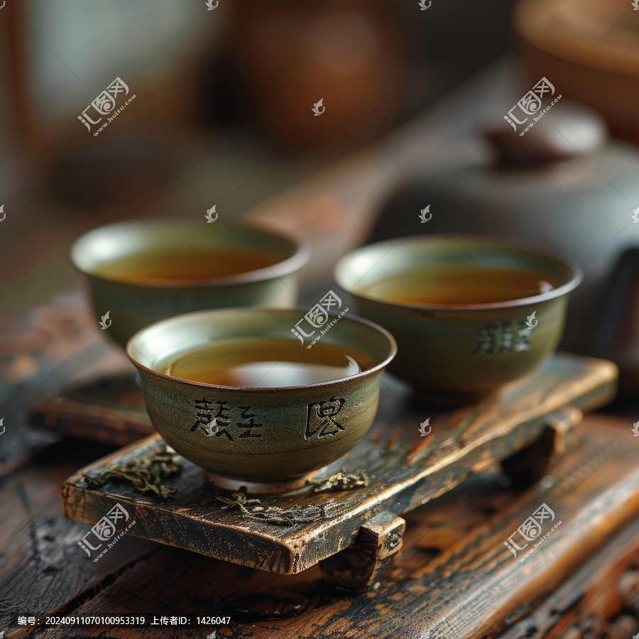 三只裝著茶的青瓷茶杯置于木質(zhì)托盤(pán)上
