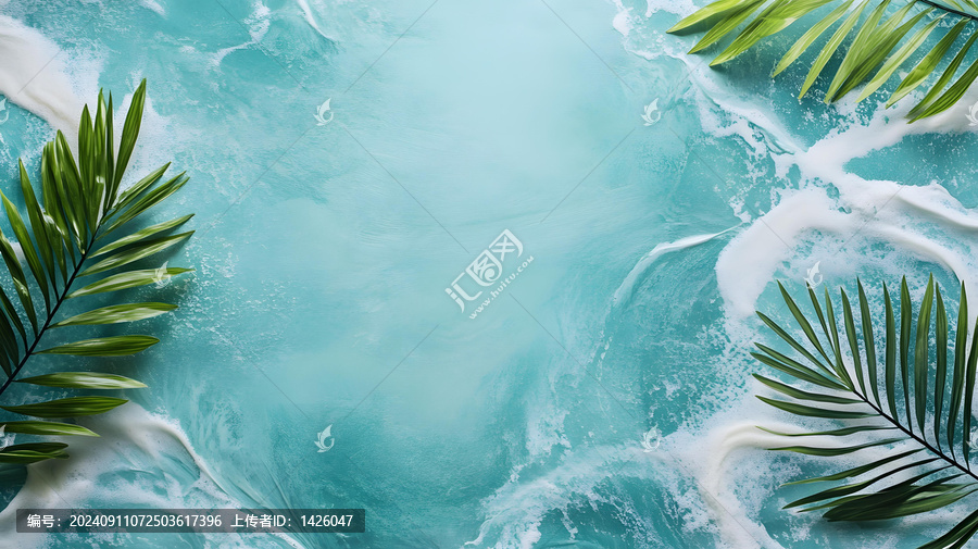 熱帶棕櫚葉在青綠色背景上，上面有白色泡沫