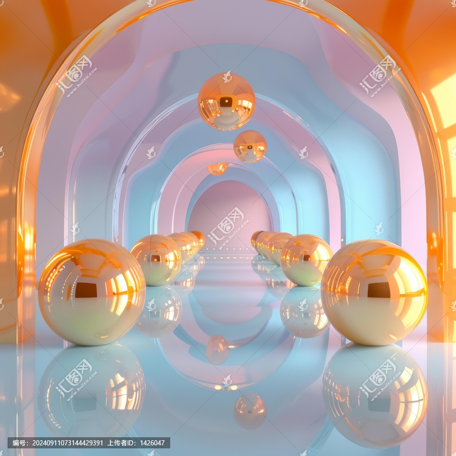 粉色和橙色柔和色彩的未來(lái)主義走廊,3D,渲染