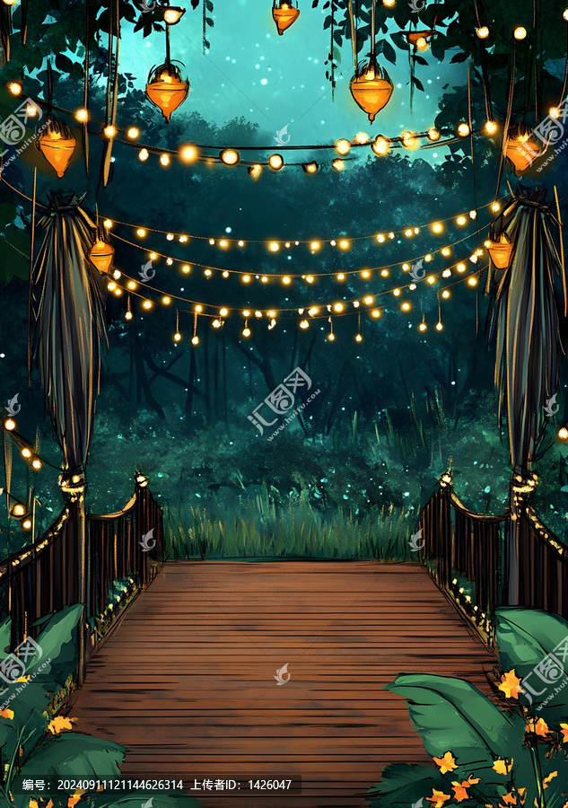 夜晚森林燈光木橋場(chǎng)景