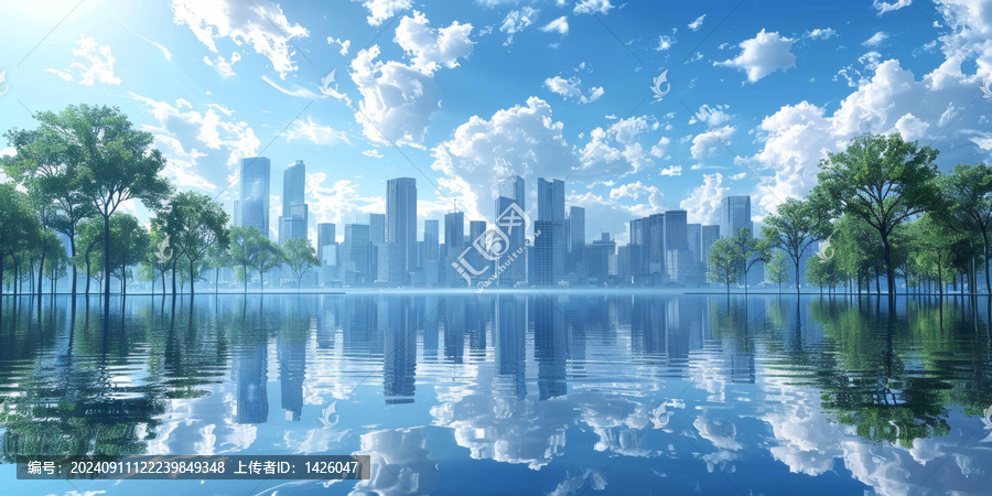 城市景觀與反映天空的湖泊