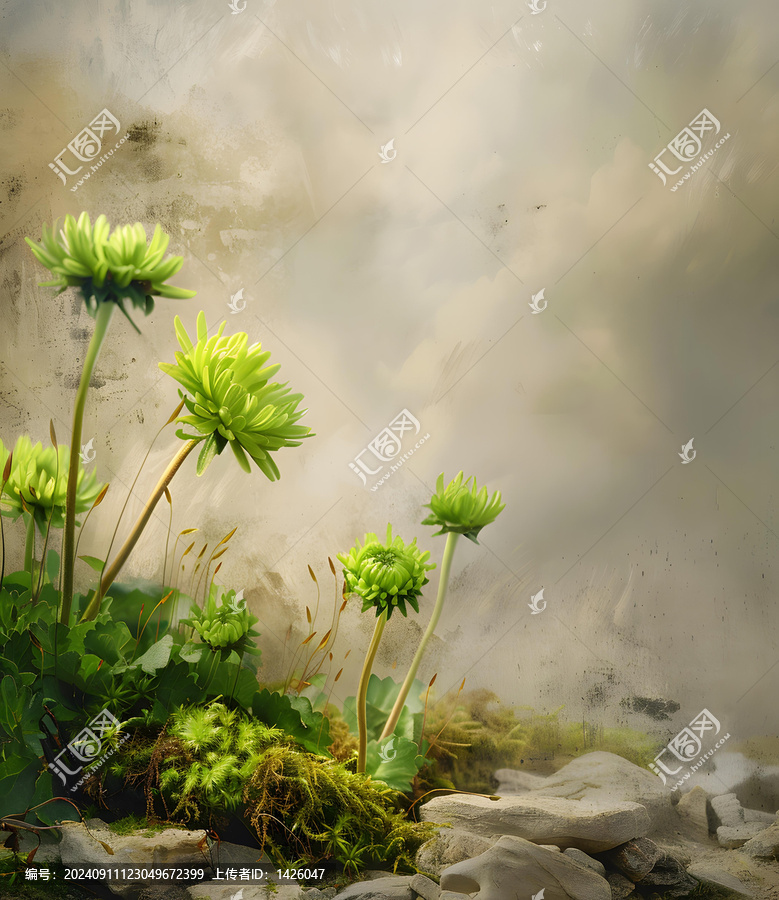 復古水彩畫風景中的綠色花朵