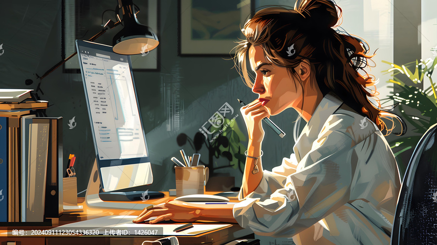 在家辦公的女人，電腦桌上擺著臺燈