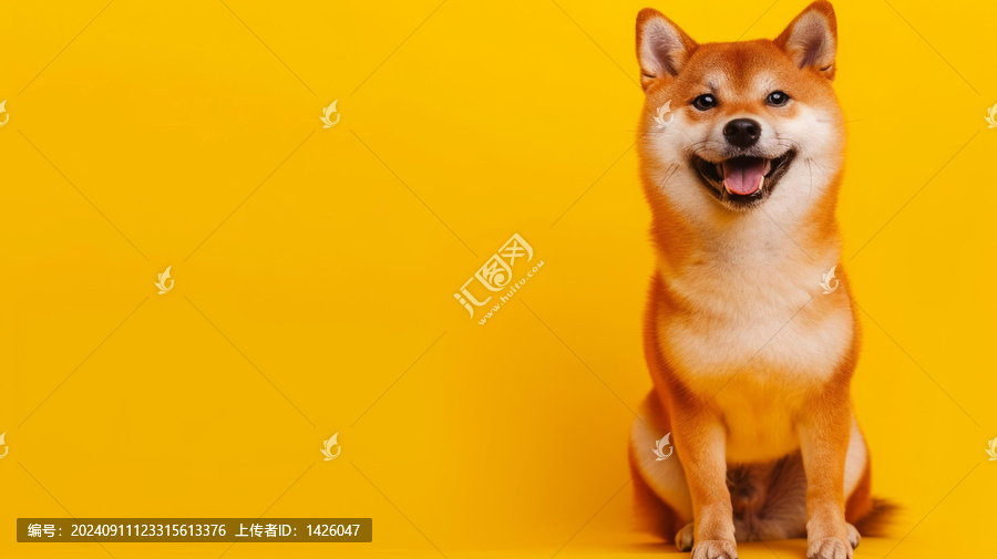 一只快樂的柴犬坐在黃色背景前