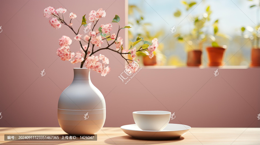 木質(zhì)桌面上櫻花花瓶茶杯和碟子的美麗靜物圖像