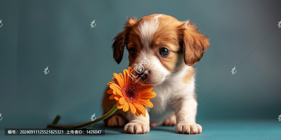 小狗聞橙色雛菊