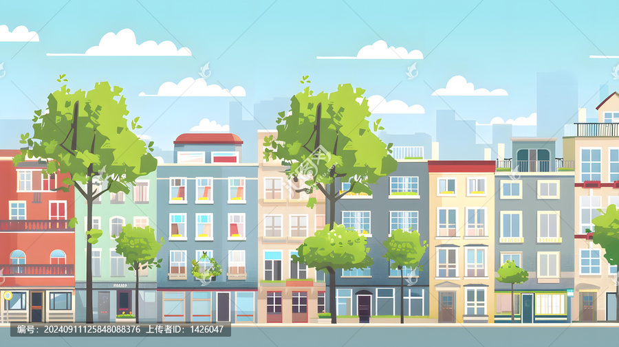 彩色城市街景建筑樹木