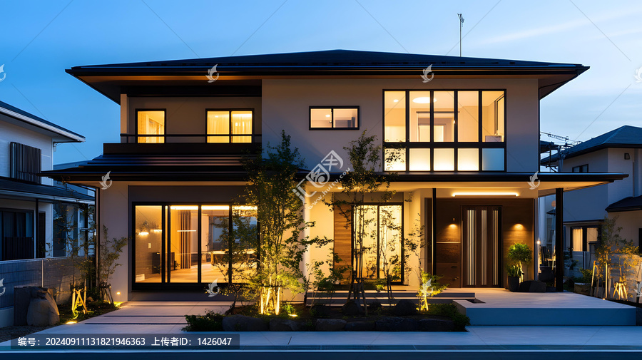 日式現(xiàn)代風(fēng)格住宅外觀設(shè)計(jì)，夜晚燈光照亮