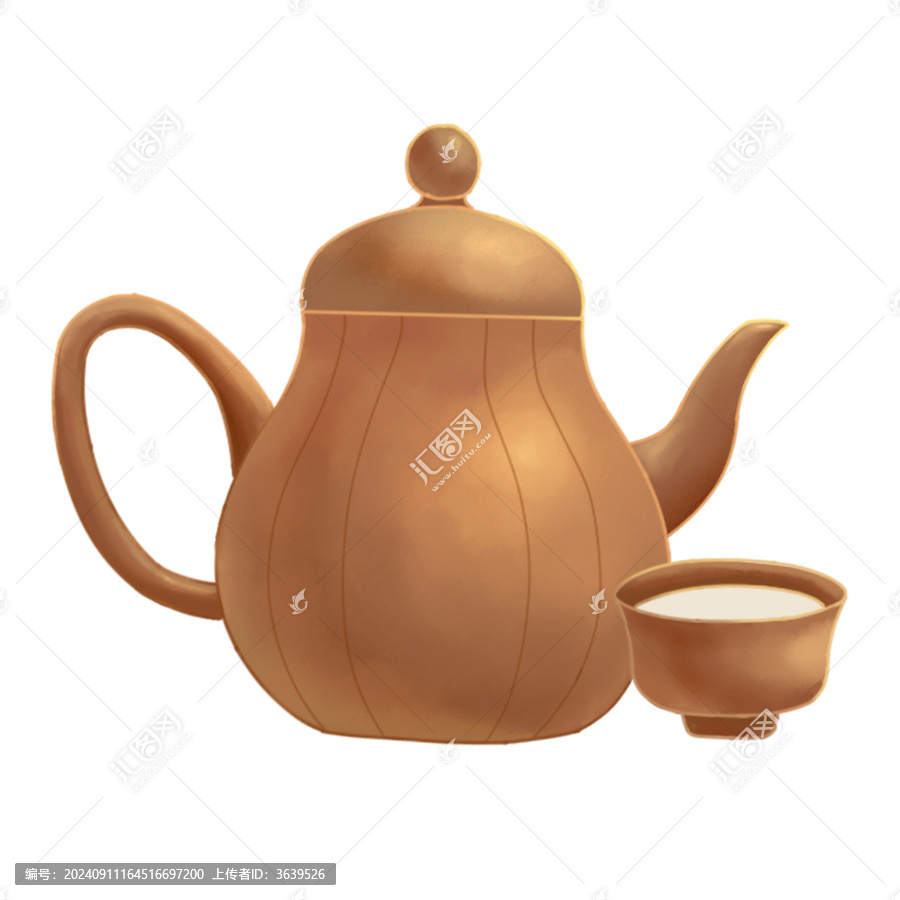 手繪一把紫砂茶壺和紫砂茶杯
