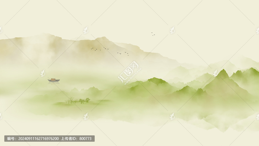 青綠禪意新中式山水畫