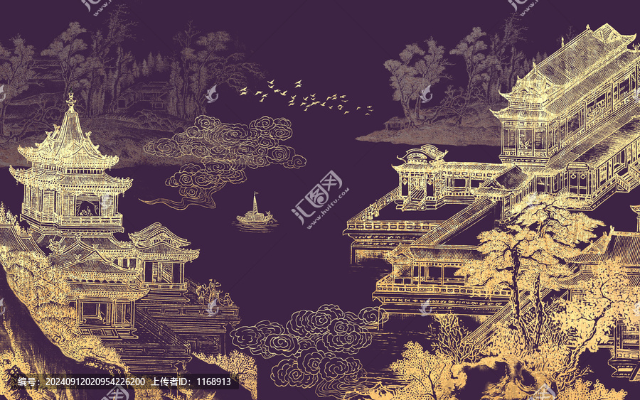 中式樓閣山水刺繡背景