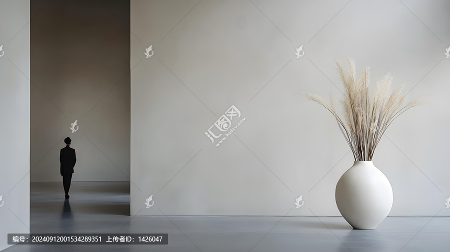 極簡(jiǎn)風(fēng)格的室內(nèi)設(shè)計(jì)，人物站在大型房間里，旁邊放著插著干花的白色花瓶