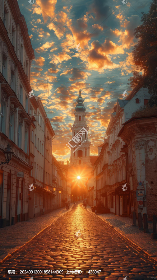 夕陽(yáng)下的歐洲小鎮(zhèn)街道