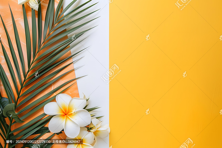 黃色和白色背景上的熱帶葉子和花朵