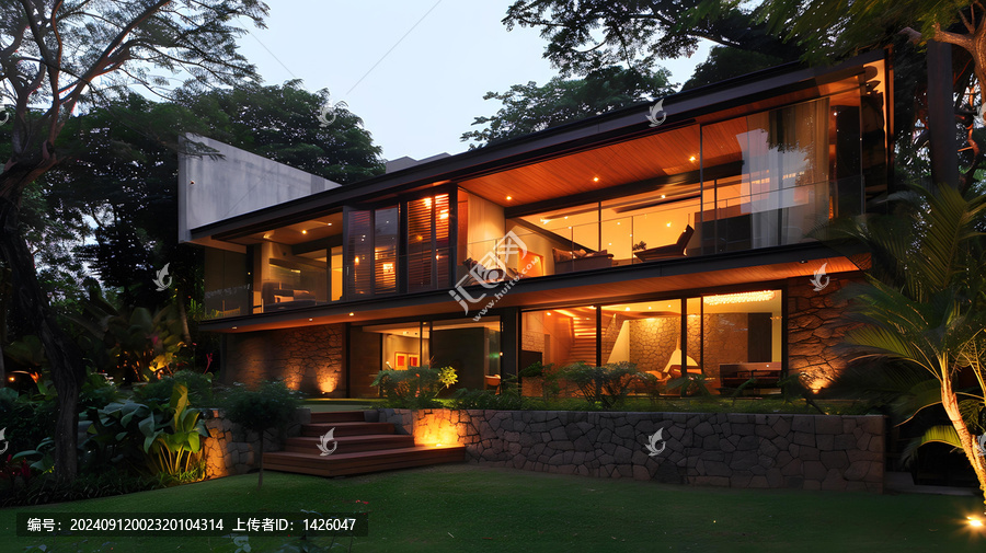 夜晚石墻綠草坪現(xiàn)代住宅