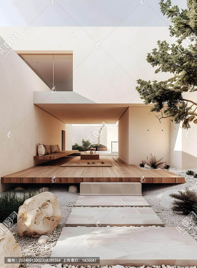 極簡現(xiàn)代住宅木質(zhì)平臺與石板小路