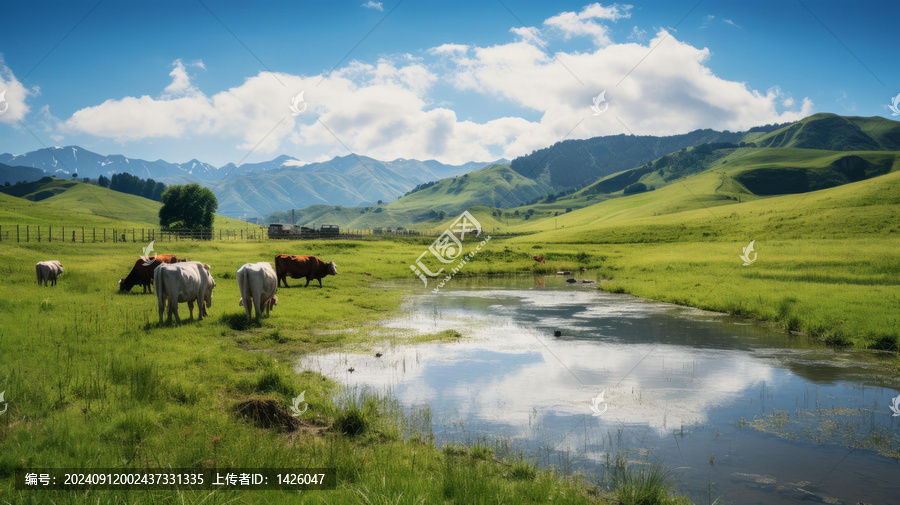 山間牧場(chǎng)奶牛悠閑吃草