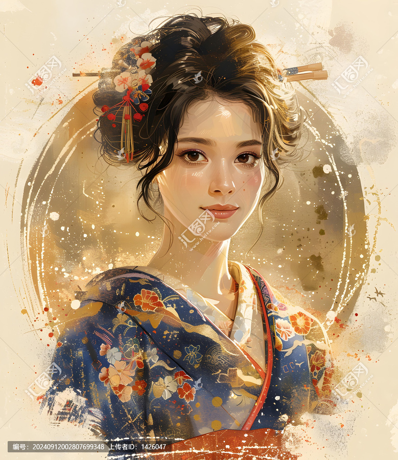 一個(gè)身穿帶有花卉圖案的傳統(tǒng)和服和紅色腰帶的年輕女子的插圖