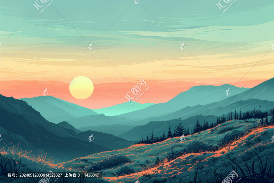 夕陽山色的AI圖片