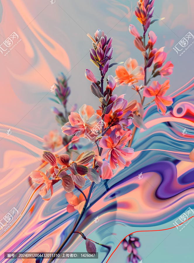 粉紅色和橙色花朵在抽象大理石背景上的花卉圖案