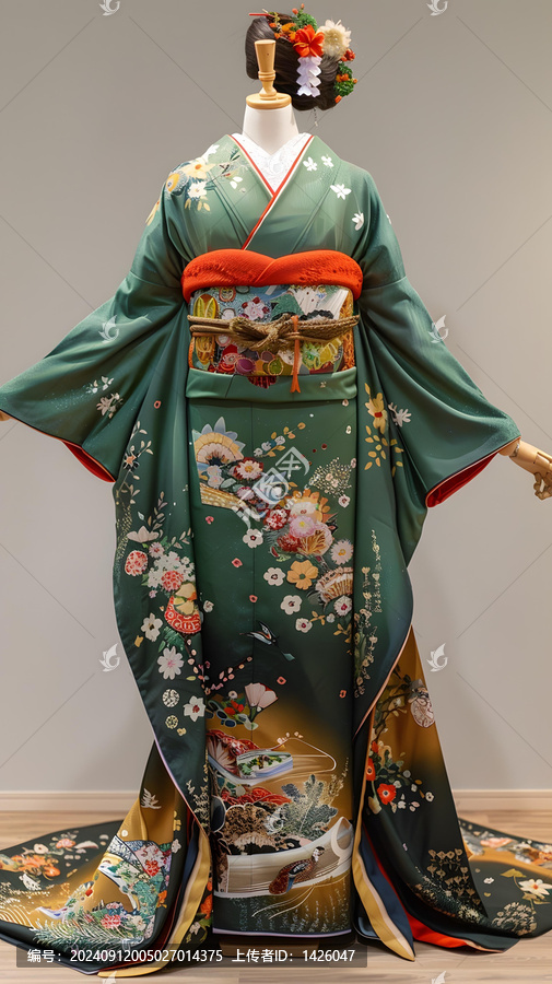 綠色傳統(tǒng)日本和服花卉圖案