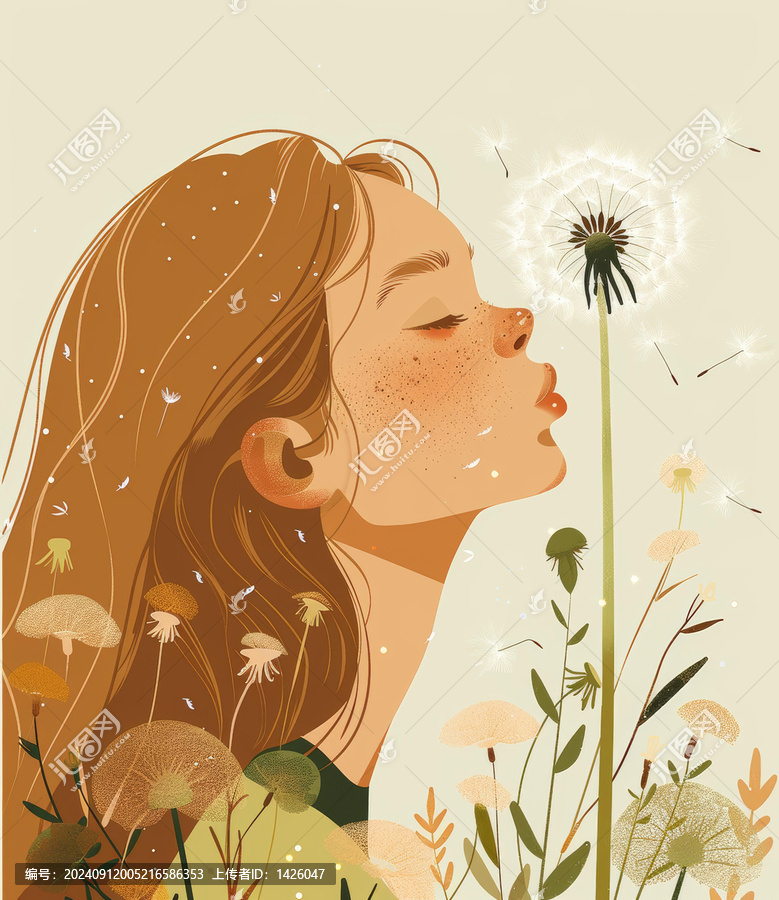 蒲公英的種子在女孩的鼻尖飛舞