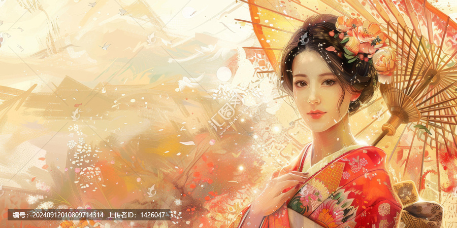 身穿和服撐傘的亞洲女子