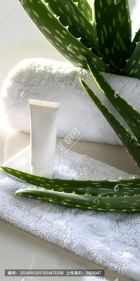 蘆薈植物與乳霜管和白色毛巾