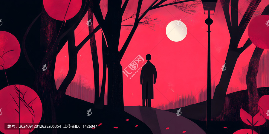 夜晚森林中站立的人的剪影