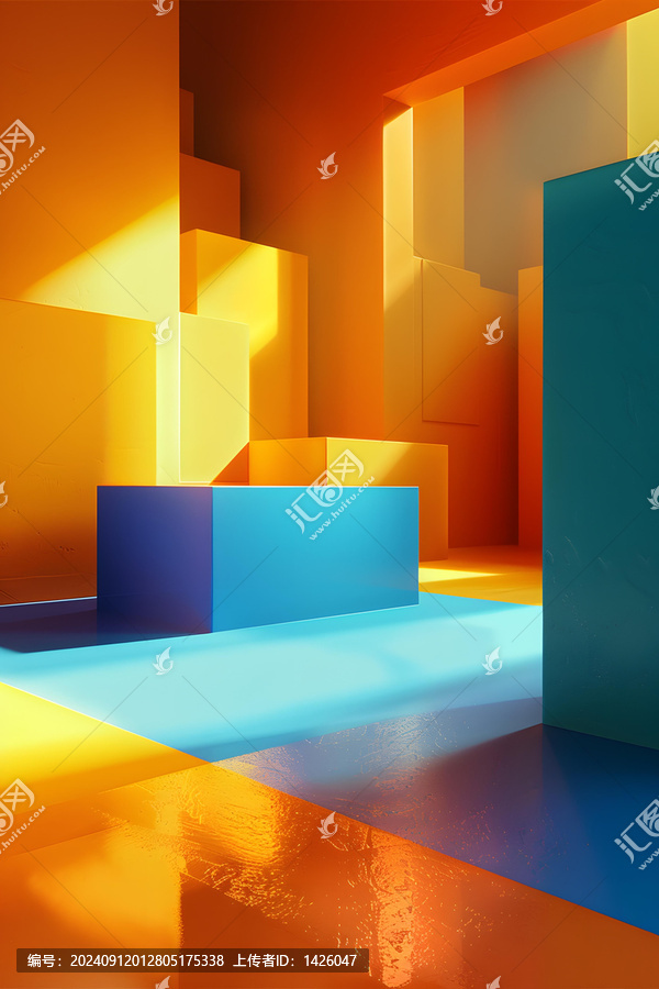 抽象幾何黃色藍(lán)色橙色3D房間