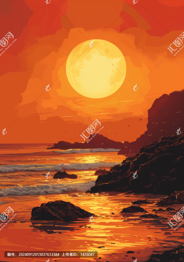 夕陽(yáng)海灘的AI圖片