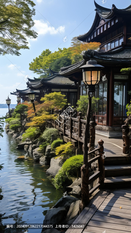 湖畔東方住宅木質(zhì)露臺郁郁蔥蔥的花園