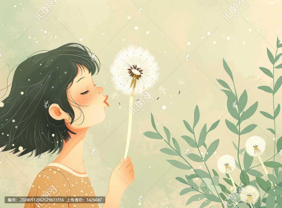 女孩吹蒲公英