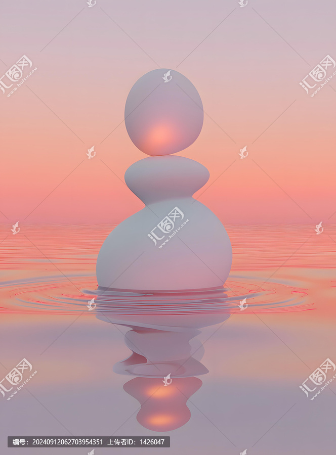 抽象主義幾何球體堆疊在平靜的水面上，粉紅色的天空