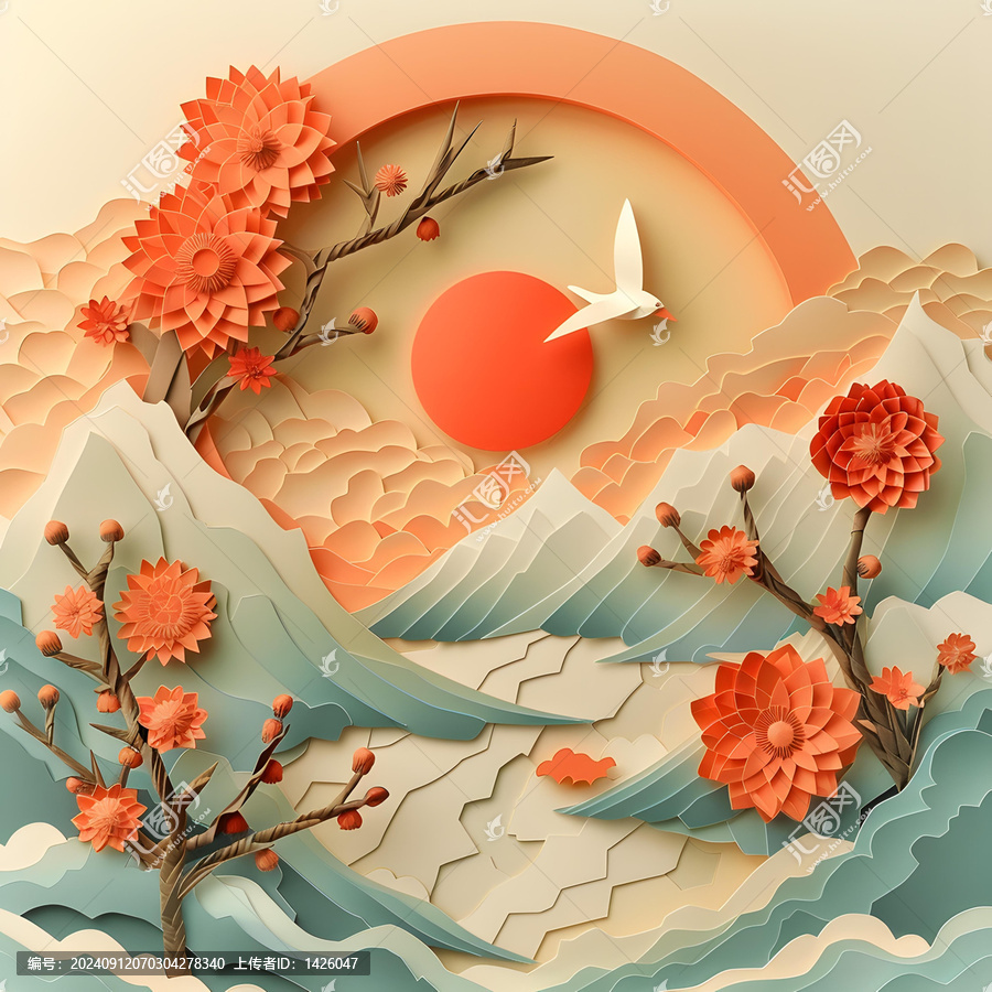 一幅山水畫，畫中有山、有花、有鳥