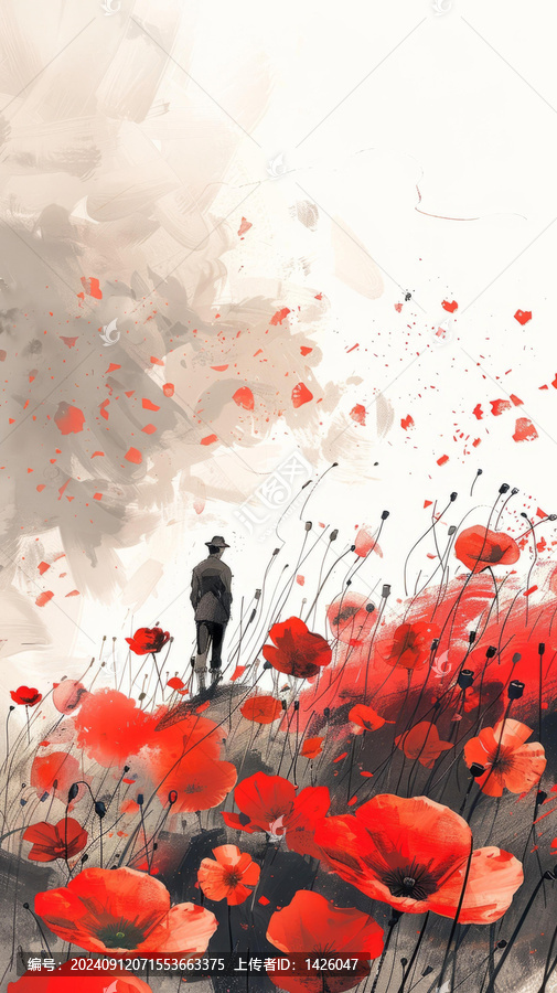 一戰(zhàn)期間一名士兵在紅色花田里