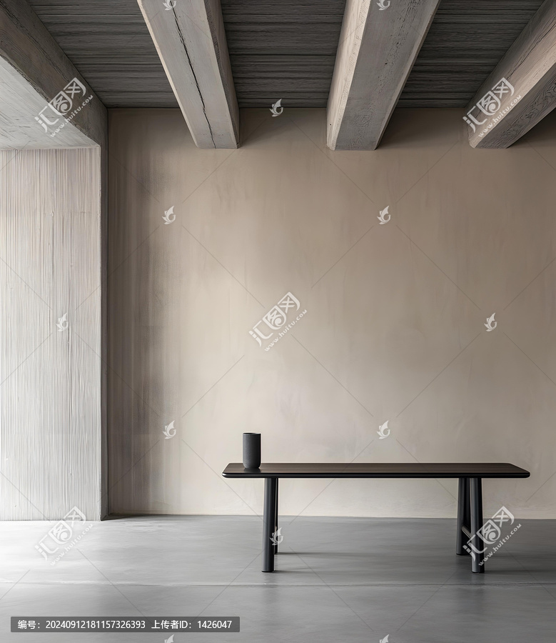 現(xiàn)代簡約風(fēng)格的室內(nèi)設(shè)計(jì)，混凝土橫梁和木制桌子