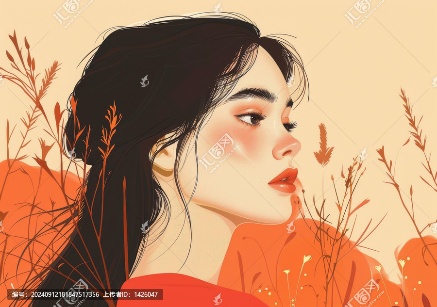 紅衣女人與花卉的