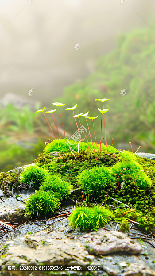 霧氣中綠色的苔蘚特寫