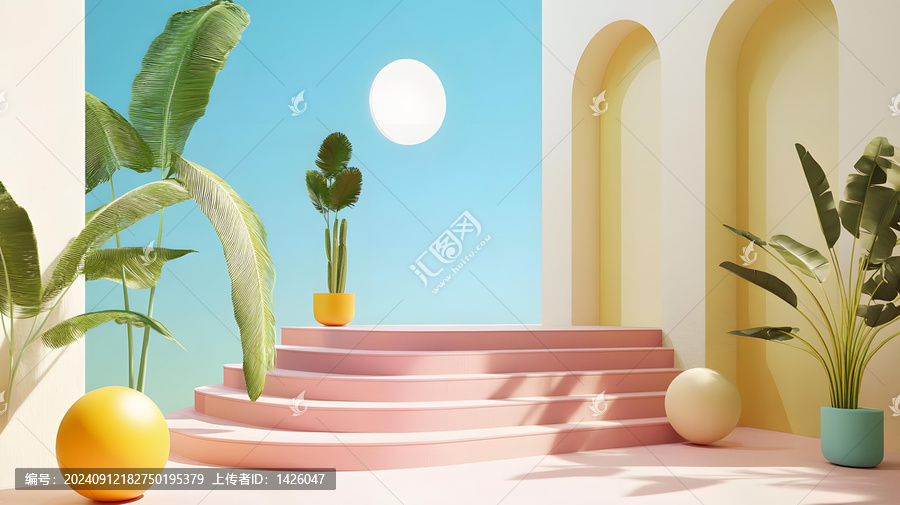 粉色樓梯，綠色植物，黃色球體抽象極簡3D渲染