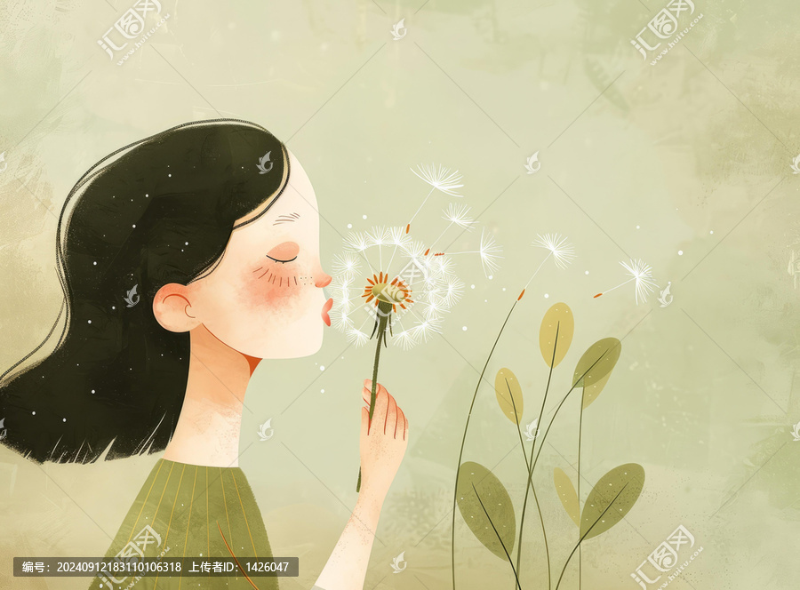 女孩吹蒲公英插圖
